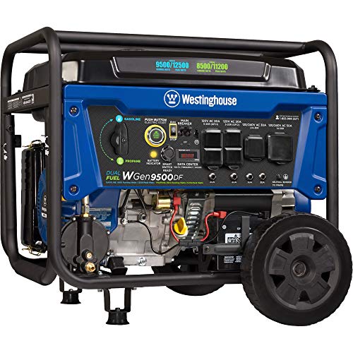 Westinghouse WGen9500DF Dual Fuel Home Backup Portable Generator, 12500 Peak Watts & 9500 Rated Watts, Remote Electric Start, Transfer Switch Ready, Gas and Propane Powered, CARB Compliant